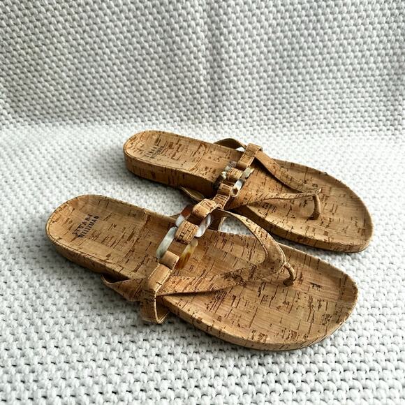 Stuart Weitzman Beige Cork Double Strap Thong Slip On Sandals Chain Detail 9.5 - Picture 1 of 9